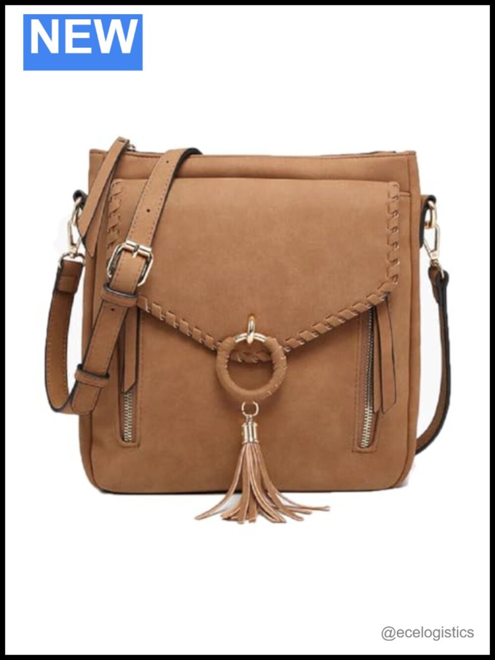 Faux Suede Crossbody Bag with Zipper Pockets Adjustable Strap